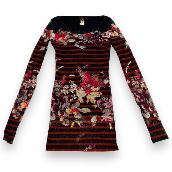 Jean Paul Gaultier Soleil Fuzzi Bodycon Dress Medium Butterfly Floral Stripe Red - Picture 1 of 12